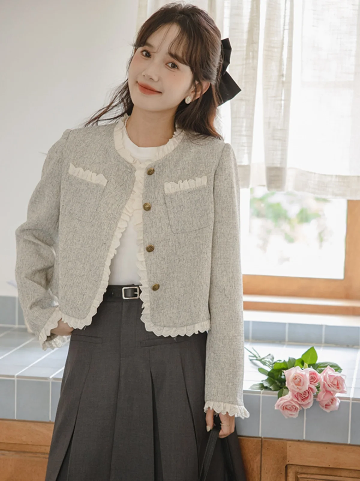 

Ретро-пальто с вышивкой и кружевной отделкой, с цветочным узором, женское, весна-осень, новинка, милое, молодежное, элегантное, укороченное