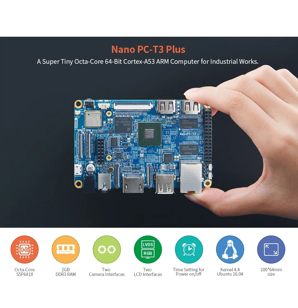 OpenPi Nano T3 Plus Main Board LTS 2G+16G S5P6818 core Industrial grade Card Computer,DDR3RAM,Octa-Core Cortex-A53, 400MHz1.4GHz