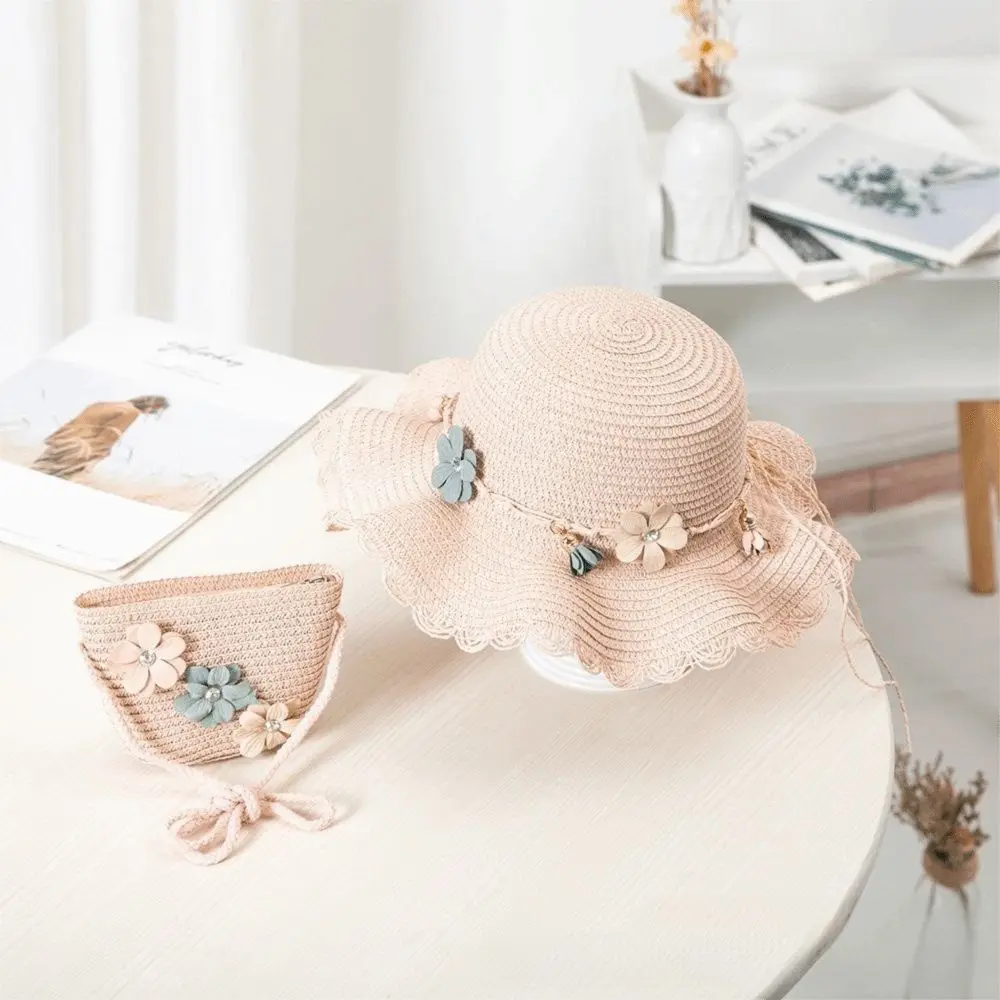 Sweet Floral Style Straw Hat Small Bag Set Casual Solid Color Sun Hat Fisherman Hat Fashion Accessory