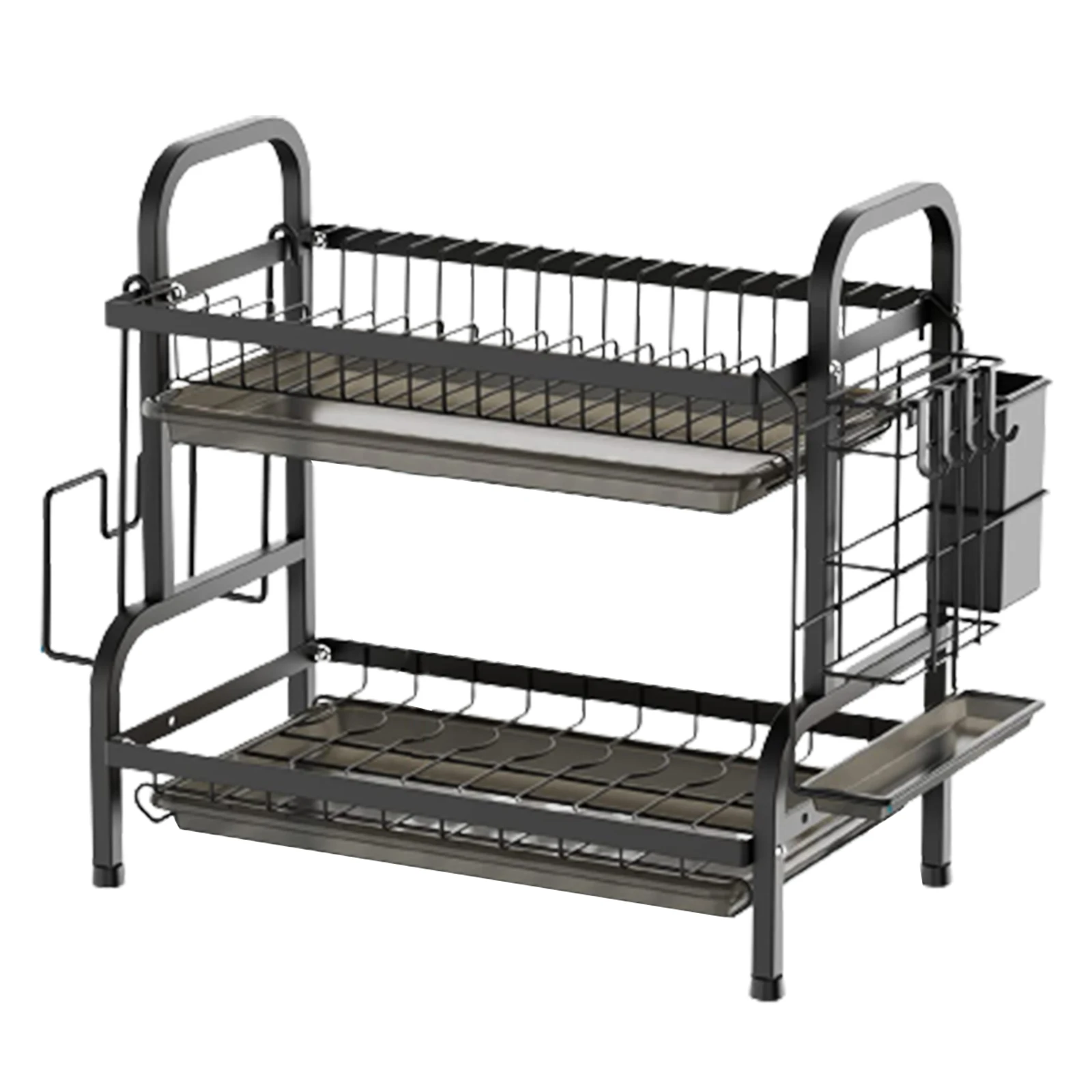 2 Tier Dish Drying Rack, Anti Rust Dish Drainer Rack with Drip Tray - Black Dish Rack Kitchen with Removable Cutlery Holder