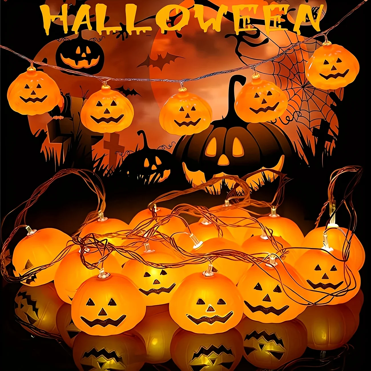 Luz ambiental de Halloween, cadena de luces de calabaza alimentadas por batería, 10/20 lámparas LED 3D, decoraciones para festivales de salas de fiestas al aire libre y interiores