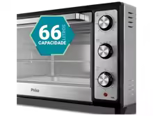 Close lateral do painel do Forno Philco PFE66 destacando a capacidade de 66 litros