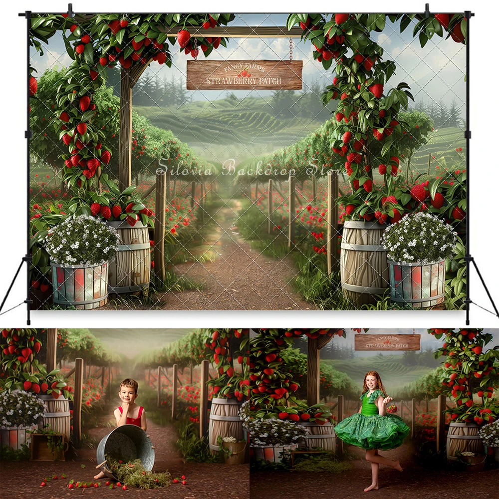 Fancy Farms Strawberry Patch Photo Background Kids Baby Birthday Cake Smash Photography Backdrops Photocall Photoshoot Props