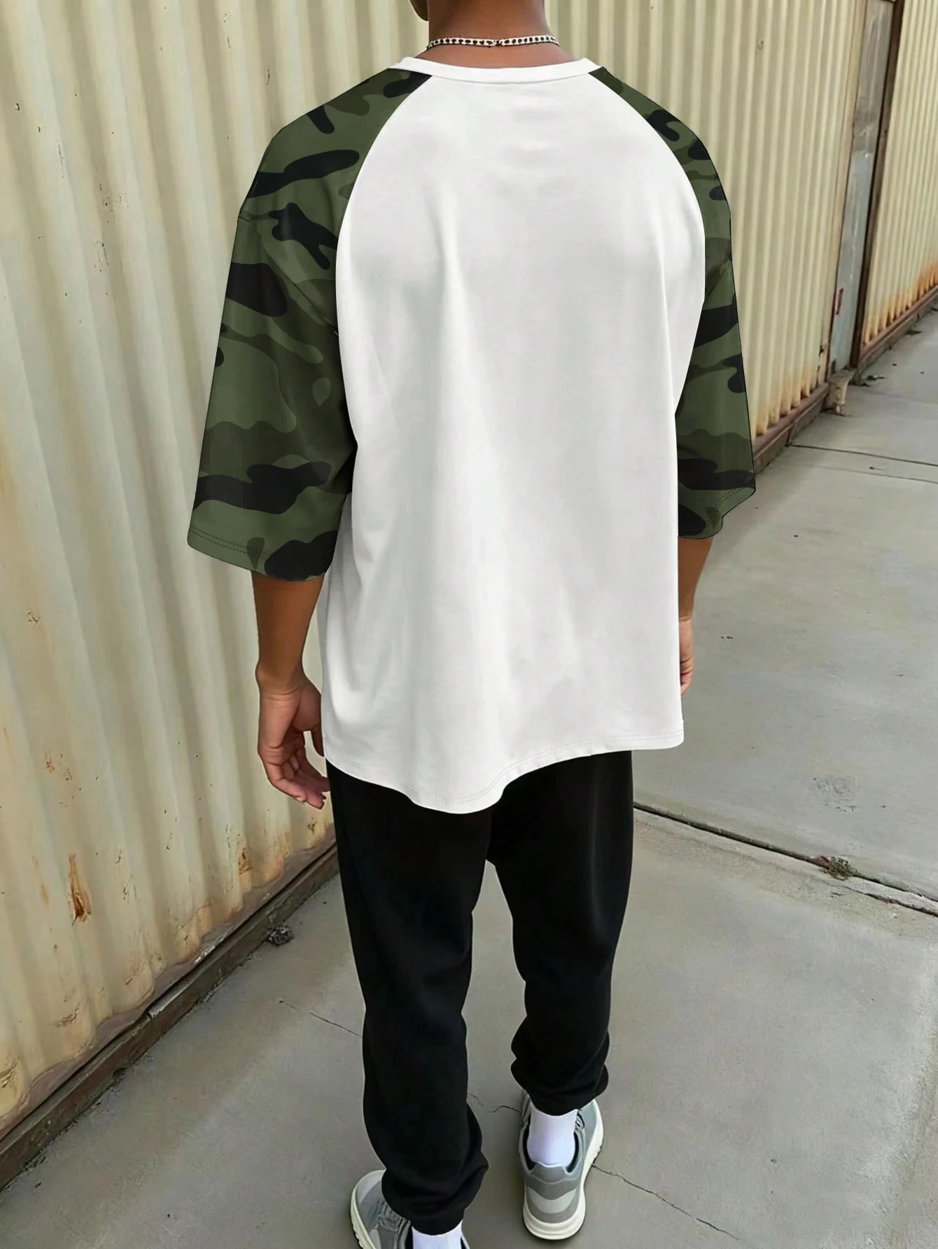 Camouflage Raglan Sleeves Star Ring Printed Short Sleeved T-shirt Contrasting Splicing Round Neck Loose Shoulder Top