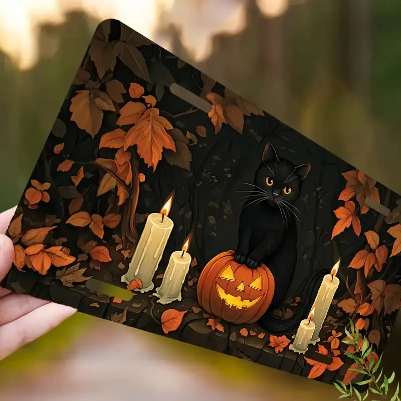 [Activate ]2D Flat[Activate]2D Flat License Plate Covers And Frames, Black Cat And Pumpkin Happy Halloween Decorations Halloween