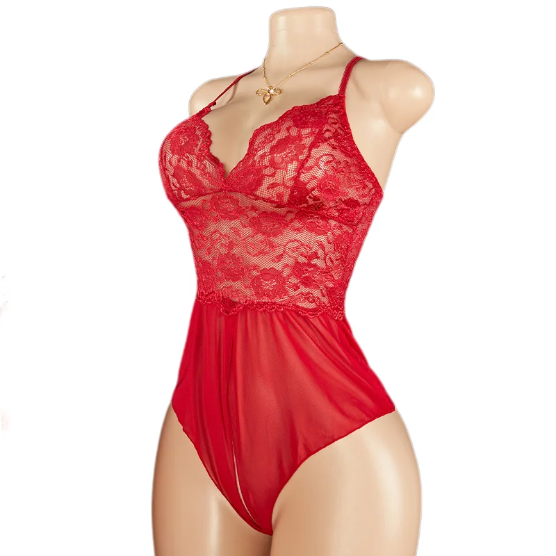 Crotchless Red Lace Deep V Sexy Lingerie For Women Erotic Costume Teddy Doll Cross Strap Sex Transparent Bodysuit Exotic Apparel
