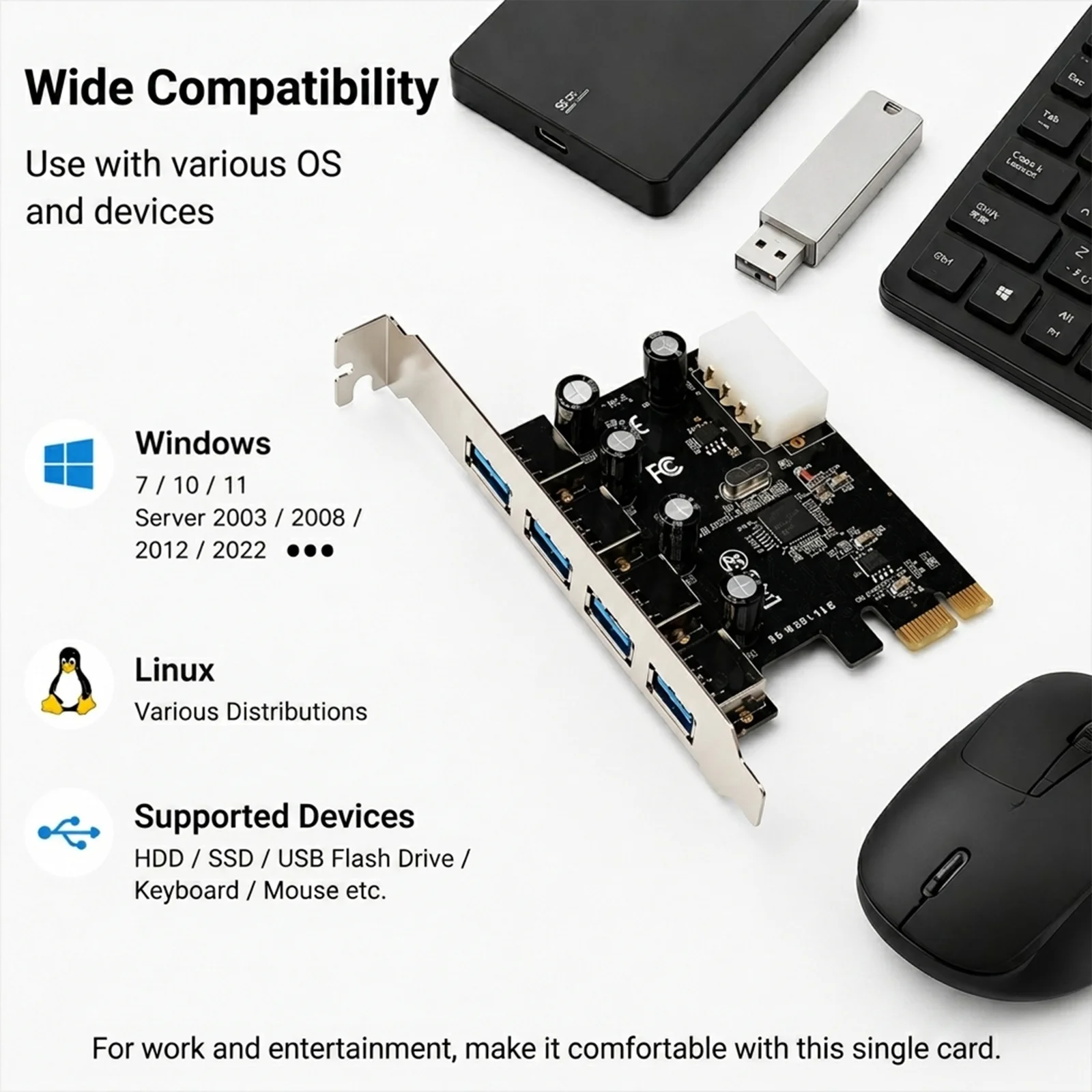 Karta rozszerzeń BZIZU PCIe X1 na 4 porty USB 3.0, USB-A Typ A, układ NEC UPD720201, 5 Gbps, zasilanie Molex, kompatybilna z Win 11/10/7 i Linuxiem itp. — zdjęcie produktu 5