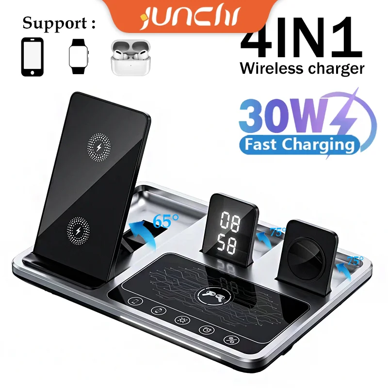 

4in1 Wireless Chargers 30W Fast Charging Support iPhone 15 14 13 12 Samsung Phone Ultra-thin Mobile Phone Charger with Clock