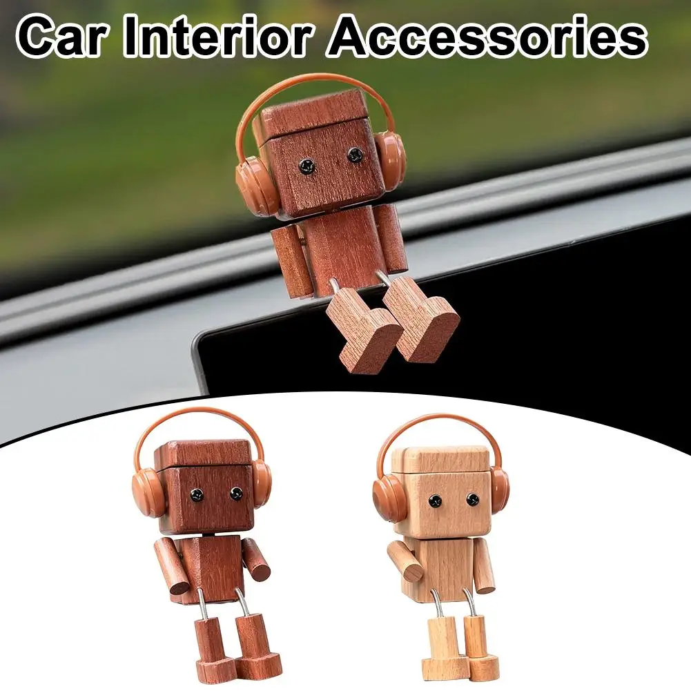 Wooden Robot Car Dashboard Ornament Cute Spring Head Bobble Figurine with Aromatherapy Tablet Natural Solid Wood Car Interior