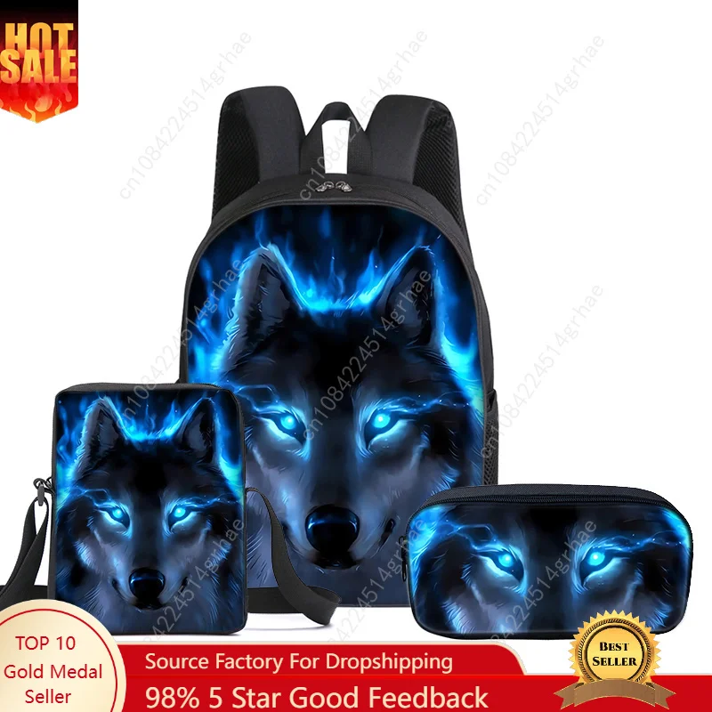 Wolf 3 Buah/Set Ransel Anak dengan Tas Kurir, Tas Pensil, Tas Sekolah untuk Anak Laki-laki/Perempuan Hadiah Terbaik Tas Sekolah Siswa Kartun 2D