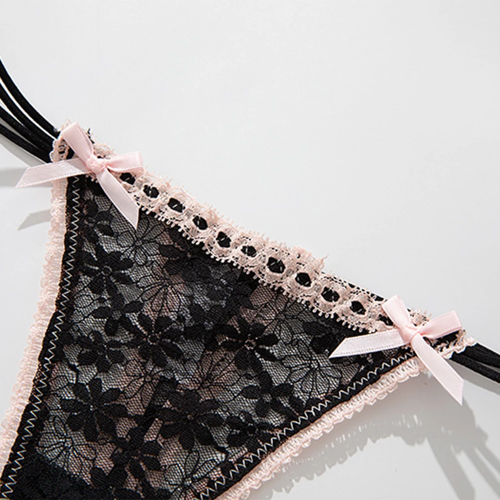 

Women's Sexy Thong Strappy Lace Bow Low-Waist Panties Ladies Breathable Underwear Elastic Lingerie Ultra-Thin Bikini Cute Briefs