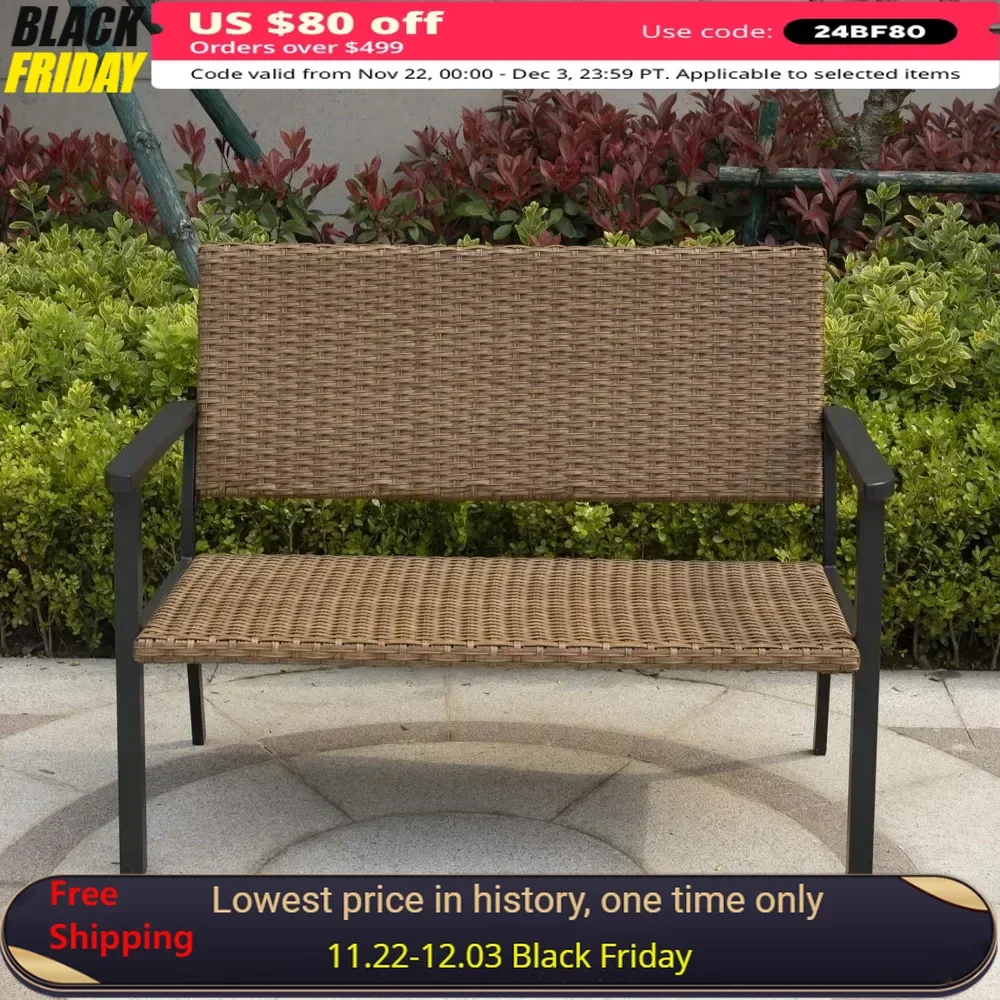 

Outdoor Patio Benches Bench Chair for Outside Patio Porch, Metal Frame, Natural All Weather Wicker Patio Benches