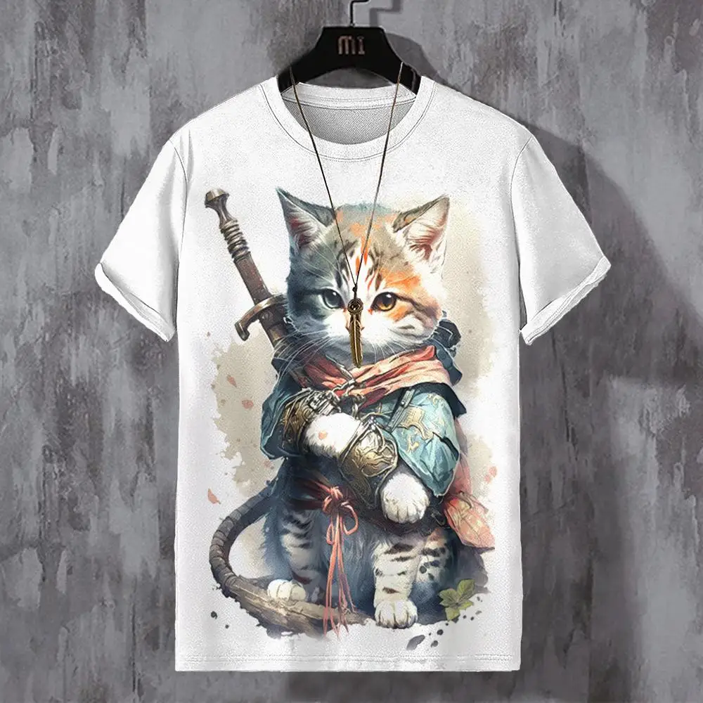 Hip‑Hop Warrior Kitten Graphic T‑Shirts For Men Stylish Crew Neck Short‑Sleeve Daily Loose Tops Japanese Culture Tees