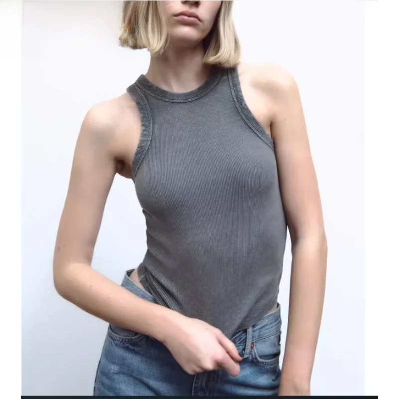 

Лето 2024, женская футболка в рубчик с поясом, жилет для похудения, модная модная футболка для девочек, модная базовая круглая цельная обычная...