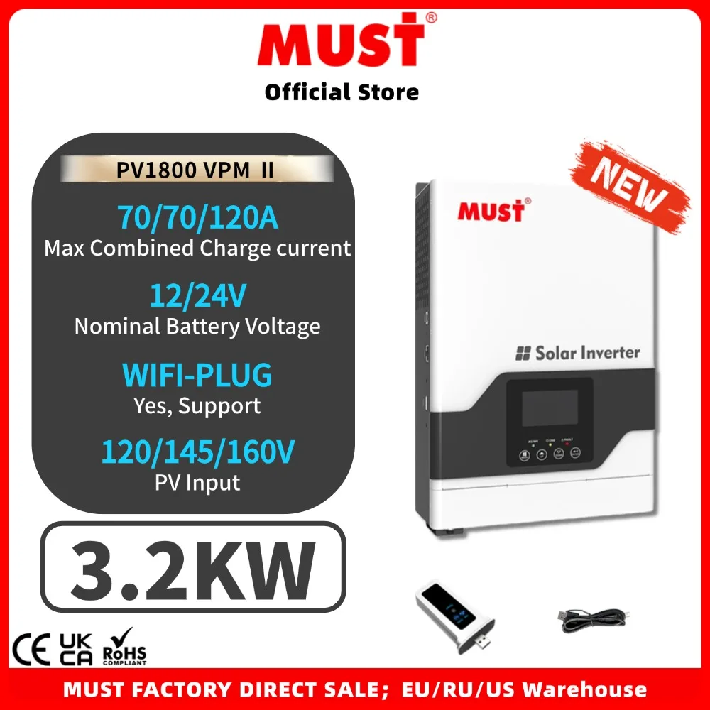 يجب PV1800 VPM II 1.5KW 3.2KW الهجين خارج الشبكة الشمسية العاكس 60A MPPT جهاز التحكم في الشحن عالية التردد مع WiFi