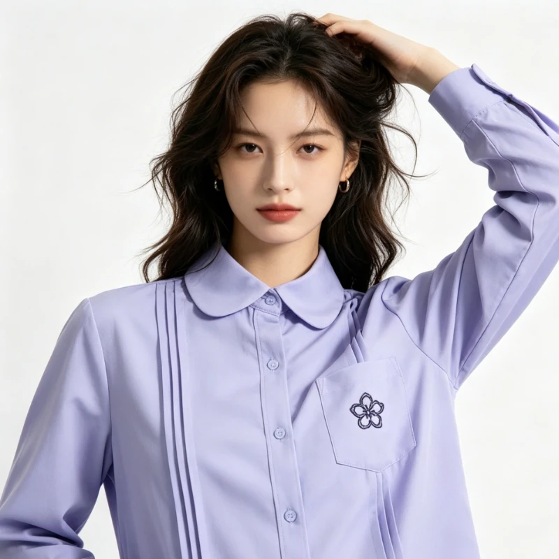 Thai Organ Pleated Embroidered Shirt Round Neck Student Uniform Class Uniform Graduation Season Sports Meeting Versatile Top
