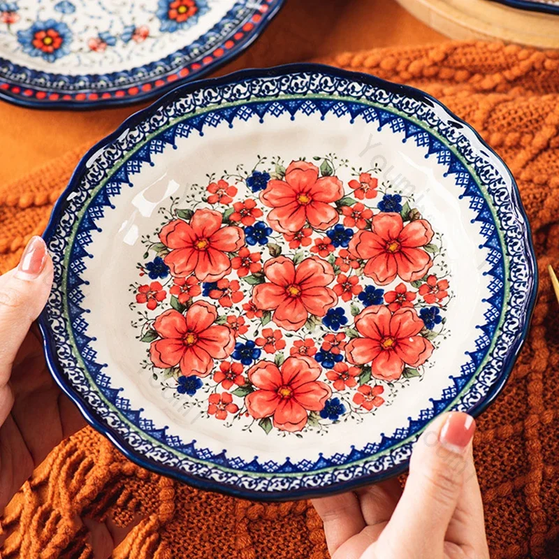 Vintage Flower Ceramic Plate Multiple Colors Creative Dining Plates Home Dishes Deep Plate Restaurant Serving Tray Tableware