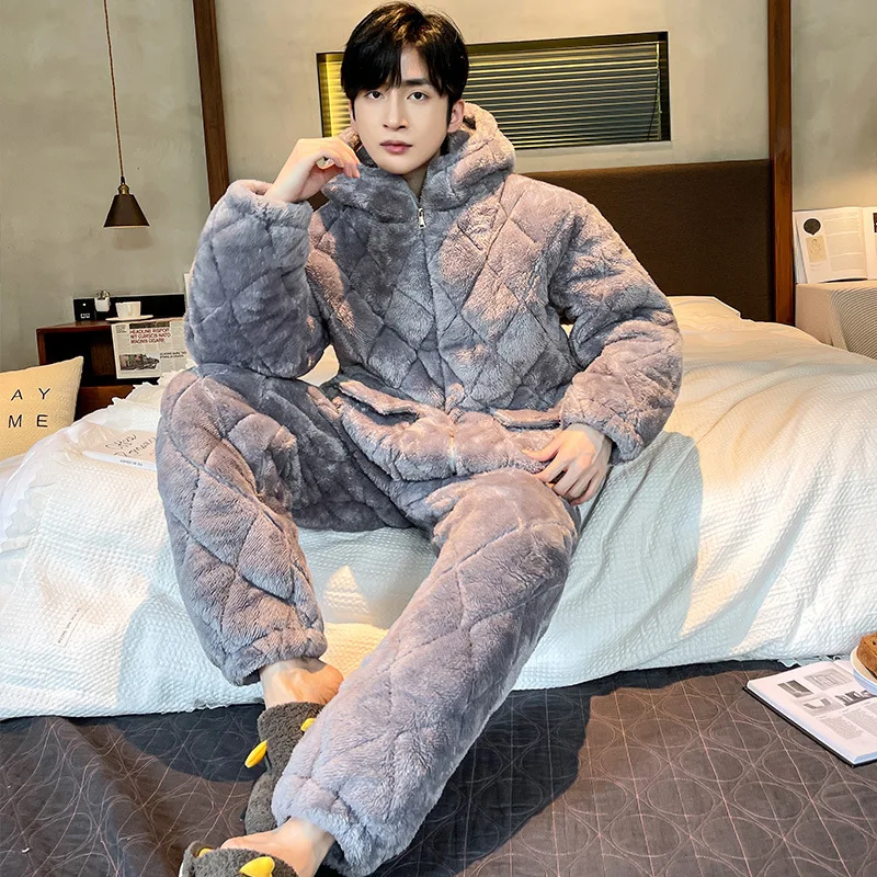 Winter New 3 Layers Hooded Coral Velvet Quilted Pajamas Set Casual Men Sleepwear Nightwear Thick Male Flannel Warm Home Wear