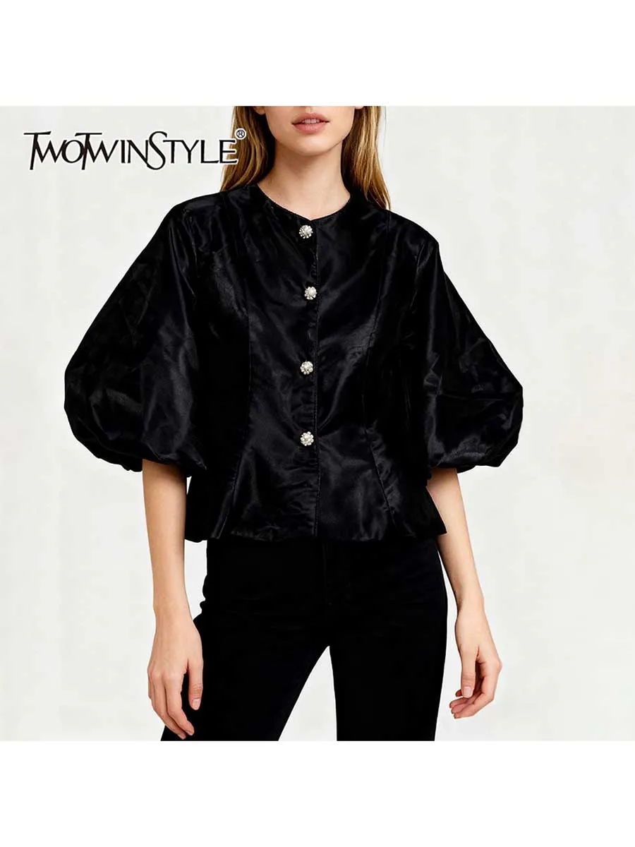 

TWOTWINSTYLE Solid Slimming Spliced Ruffles Basics Shirts for Women O Neck Half Sleeves Patchwork Singel Breasted Shirt Female