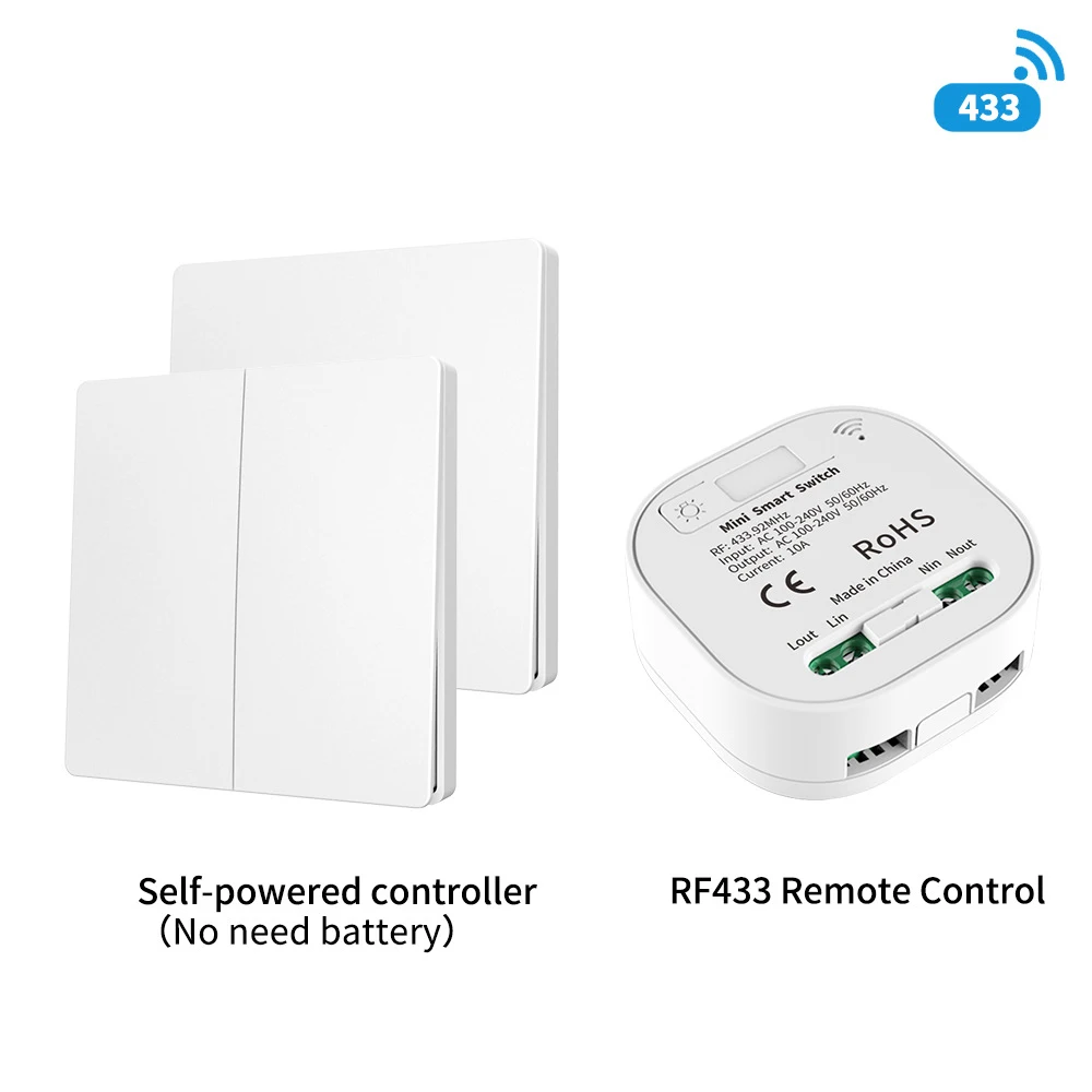 RF433 Self-Generating Remote Control Switch, Wireless, Free-to-Place, Concealed, Dual Control