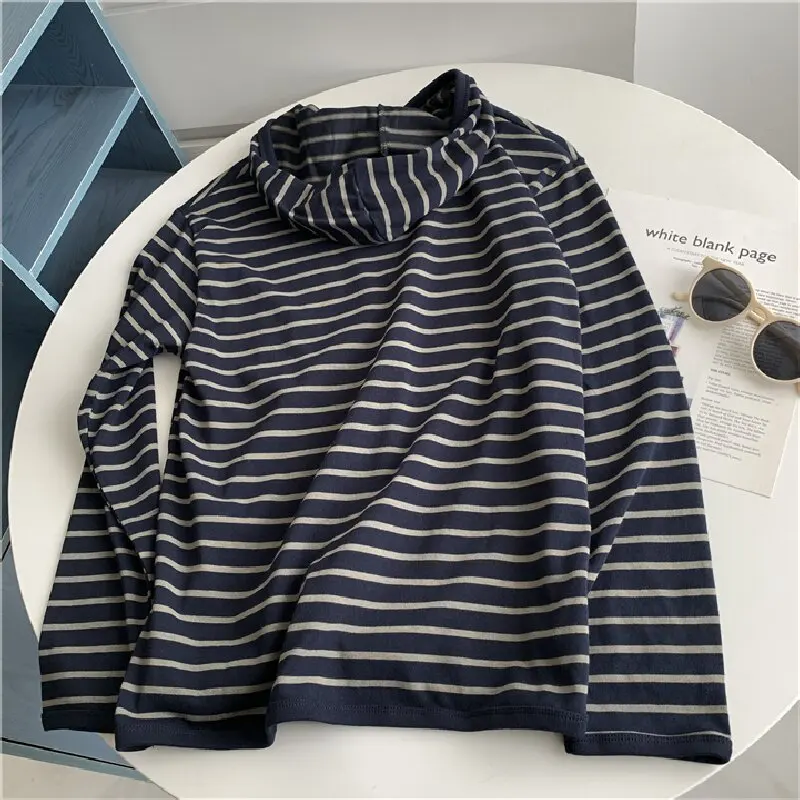 레트로 스트라이프 긴팔 후드티 여성 한국 버전 루즈핏 가을 풀오버 패셔너블하고 다재다능한 부드러운 스웨트셔츠