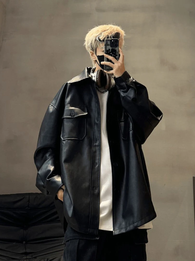 

Bla irt Leather Jaet Men's Sli Harajuku Sle Autumn American Harington Workwear Motorcycle ort Ball Game Coat