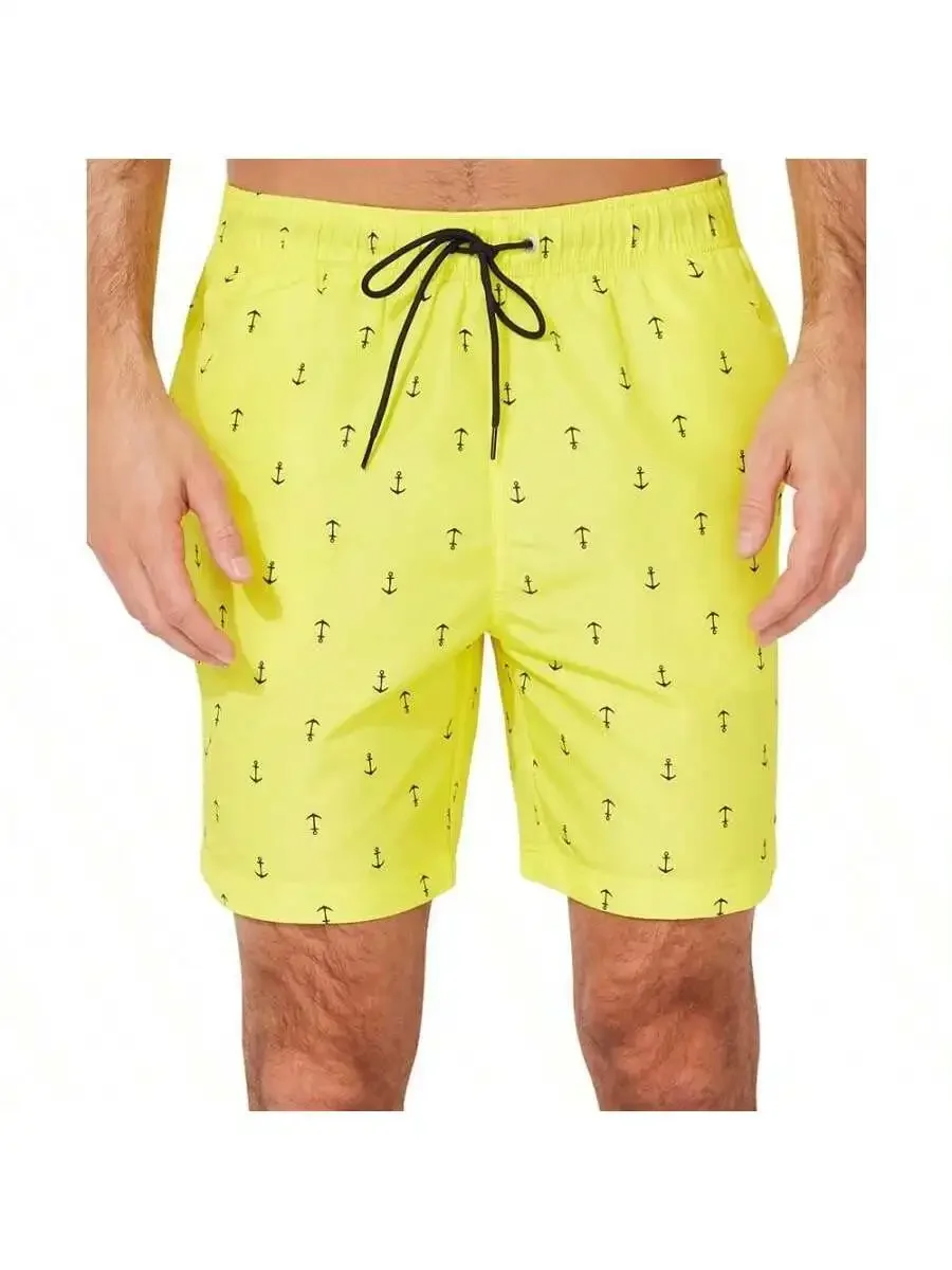 Mens Quick-Dry Anchor Print Swim Trunks 8 Inch Beach Shorts