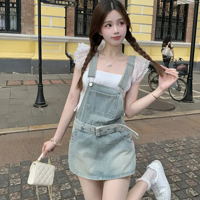

2025 High Waist Slimming Denim Overall Dress with Belt Women Summer Mini Denim Strap Dress Y2K Party Jean Skirt Bestseller Set