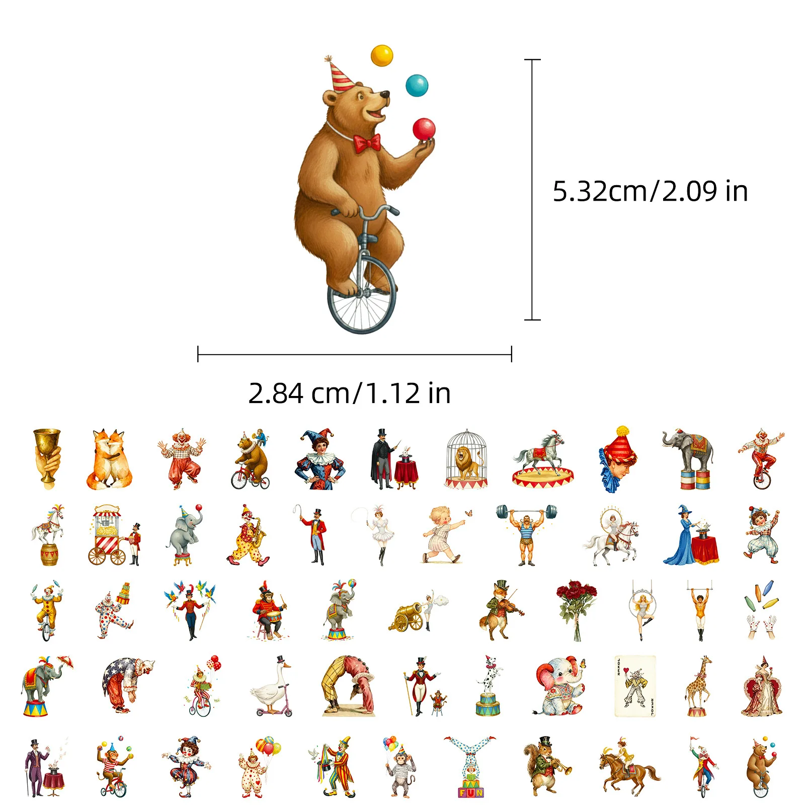 56개 빈티지 서커스 테마 스티커 광대 동물 공연 DIY 방수 데칼 노트북 장식용