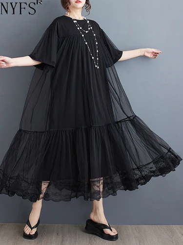 NYFS 2025 novedad de verano Corea vestido de mujer Vestidos bata Elbise suelta de talla grande malla Patchwork Vestido largo de manga corta