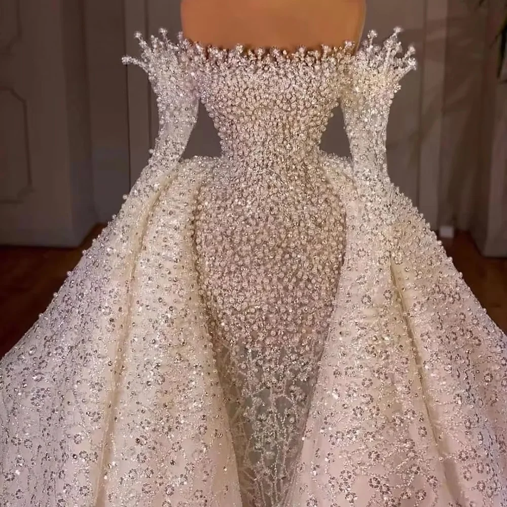 Abnehmbare südafrikanische Brautkleider mit langen Ärmeln, Perlen, glitzernd, Dubai, Saudi-Arabien, Brautkleid, Vestido De Noiva, maßgeschneidert
