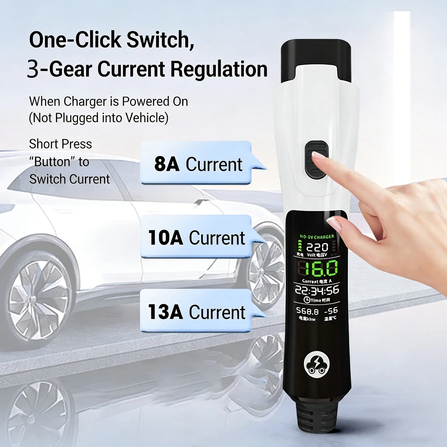 PKQ 3KW 13A GB T EV Portable Charger 5M Cable EVSE UK Plug Wall Box Adapter for Electric Vehicle with Display Screen