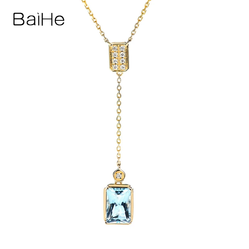 

BAIHE Solid 18K Yellow Gold 1ct Natural Aquamarine Tassel Necklace Collarbone chain Women Trendy Fine Jewelry Making Collar