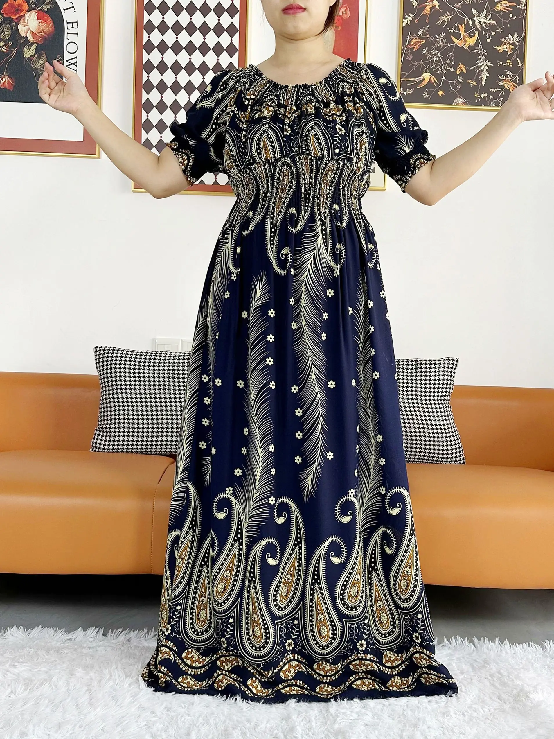 Women Party Dress Muslim Summer Short Sleeve Long Dress Collect Waist Floral Boubou Maxi Islam Women Dress African Abaya Clothes