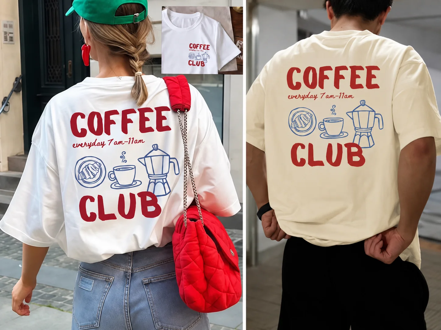 Women's Retro Coffee & Breakfast Print T-shirt Short Sleeve Graphic Top for Coffee Club Spring Fashion Men's T-shirts