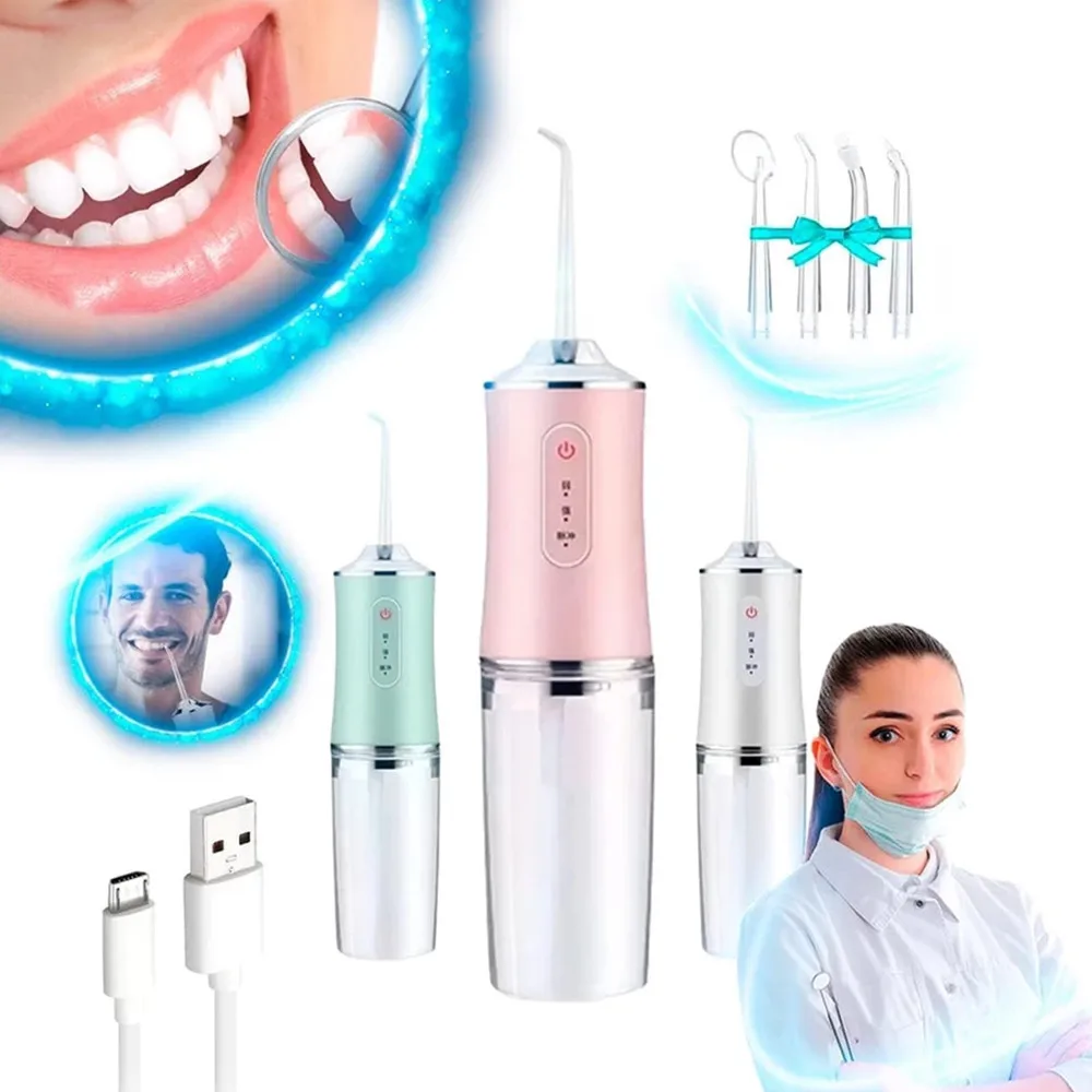 Irrigador Dental 3 em 1 com Jato de Água e Fio Dental, USB Portátil Recarregável para Higiene Bucal Completa