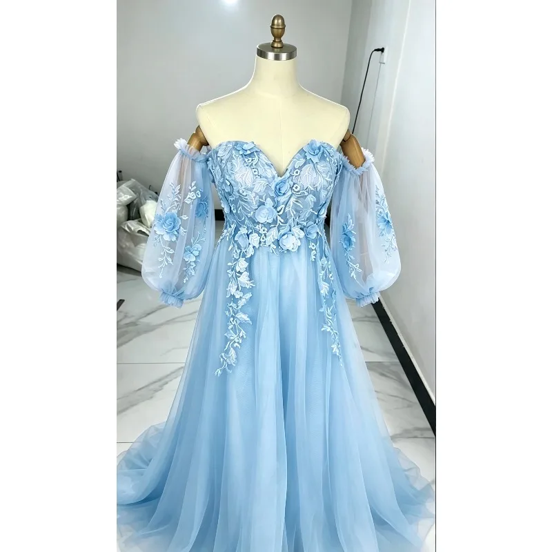Fairy A‑Line Tulle Wedding Dress Off Shoulder 3D Floral Embroidery Detachable Sleeves Bridesmaid Evening Gown With Small Train