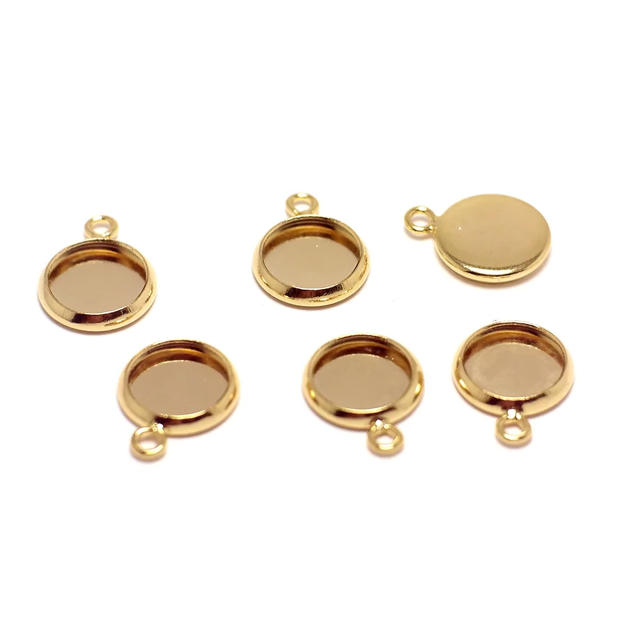 6pcs Disc For Natural Stone Pearls Beads Pendant Frame,24K Gold Color Plated Brass Pendant Tray, Paste 8mm Round Charms Setting