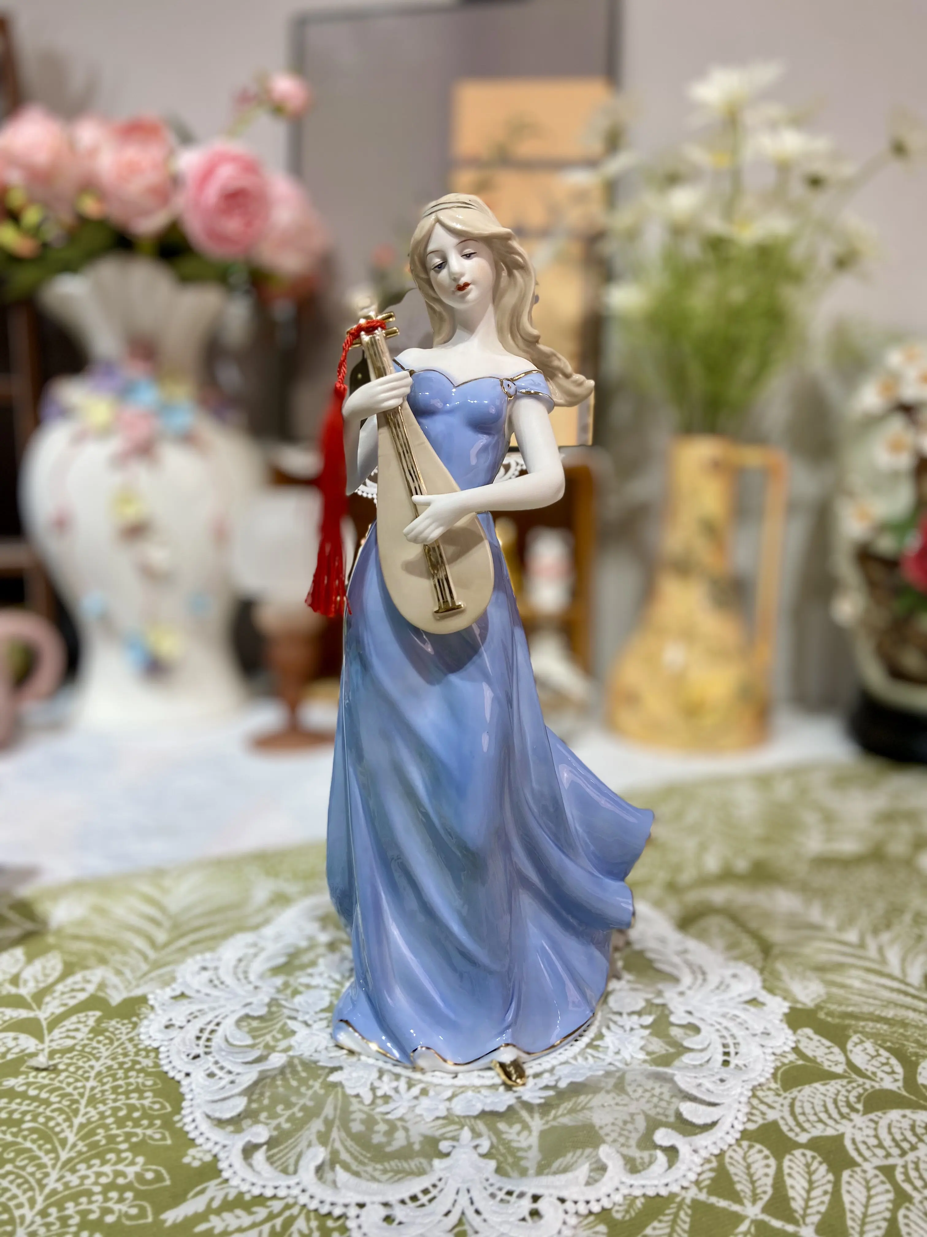 Melody of Oriental Lute — Elegant Blue-Clad Maiden Ceramic Table Accent Romantic Home Soft Furnishing Craft Decorative Ornament