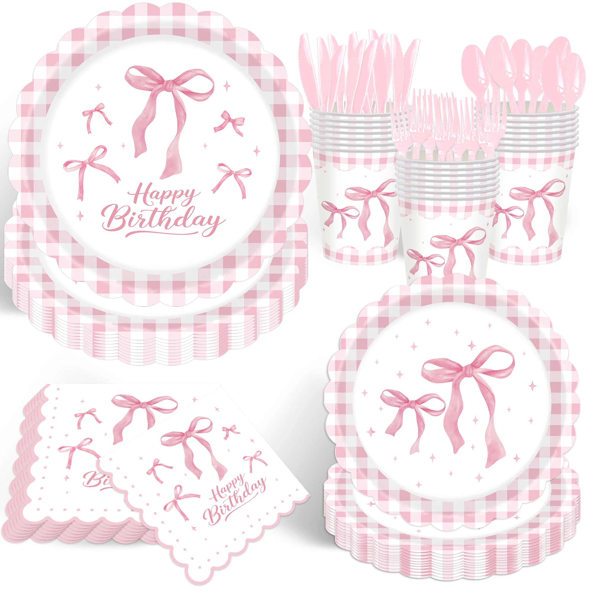 Pink Bow Birthday Party Supplies Birthday Decorations Bow Napink Plate Cup Fork Pink Bow Theme Tableware Birthday Girls Decors