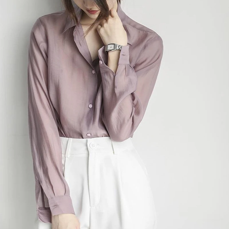 Women Shirts 2022 Feminine Long Sleeve Casual Light Purple Turn-down Collar Shirts OL Style Women Loose Blouses