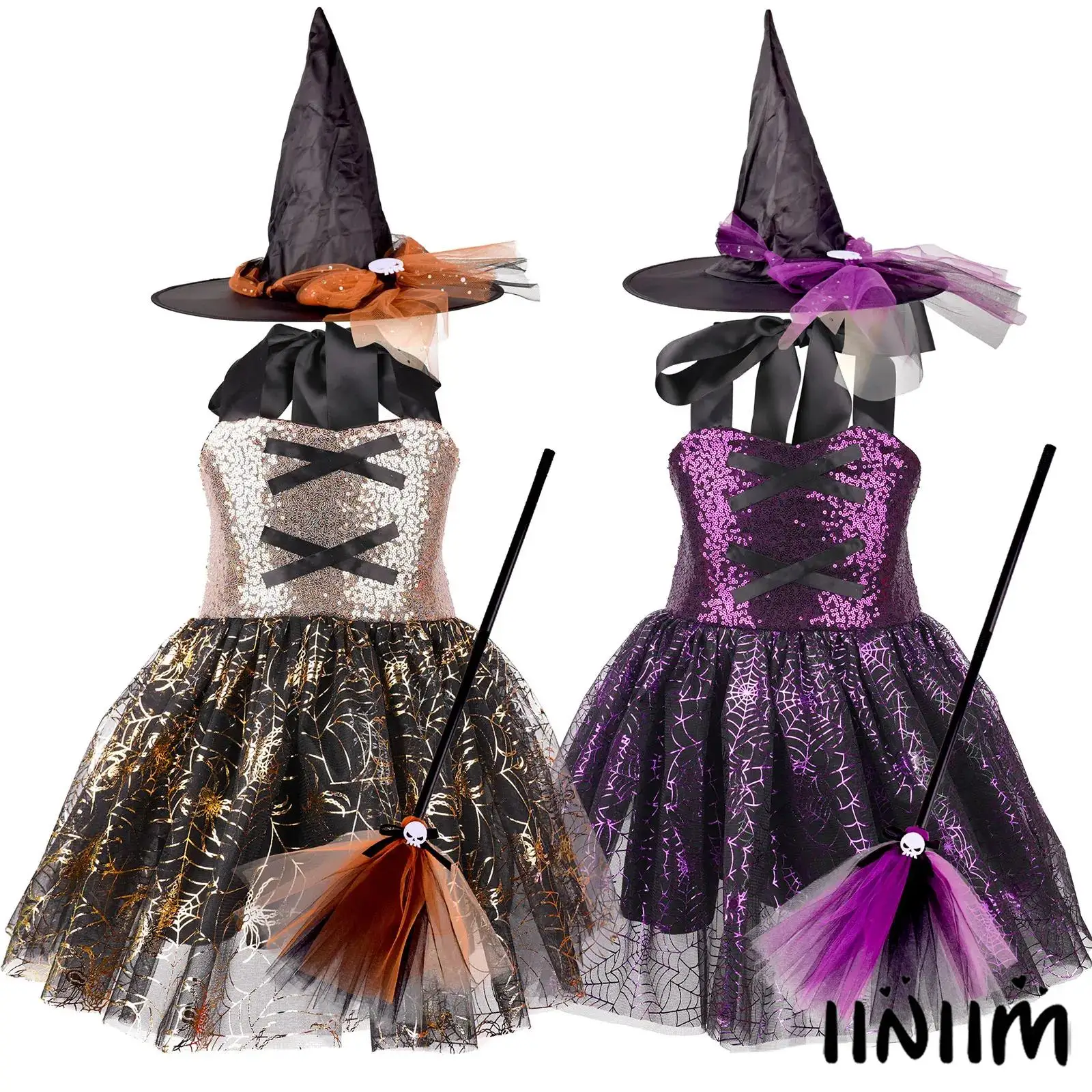 

Girls 3Pcs Witch Cosplay Clothing Set Tie-Up Style Shiny Sequins Puffy Dress with Witch Hat And Broom for Halloween Carnival