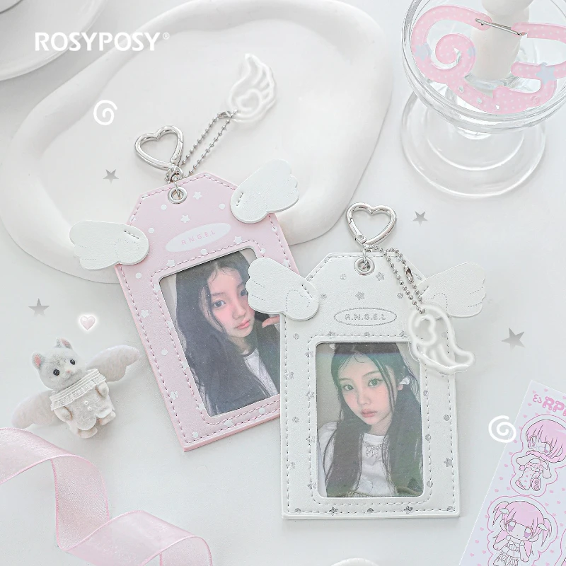 Angel Wing PU Leather Card Holder Set Chain Cute Girly Badge Protector for Photo Cards Kawaii Bag Charm Collectible Display Case