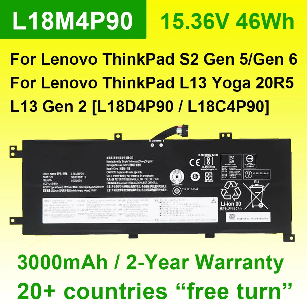 

L18M4P90 For Lenovo ThinkPad L13 Yoga 20R5 20R6 Gen 2,S2 Gen 5/6 Series Laptop Battery L18D4P90 L18C4P90 02DL030 SB10T83119