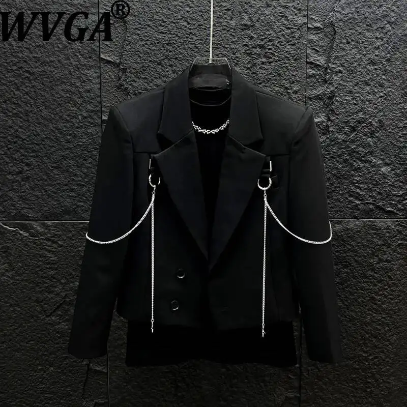 WVGA Spring Autumn New Men Metal Chain Short Blazer Stylish Cool Trendy Streetwear Shoulder Pads Niche Casual Jackets Ins W24983