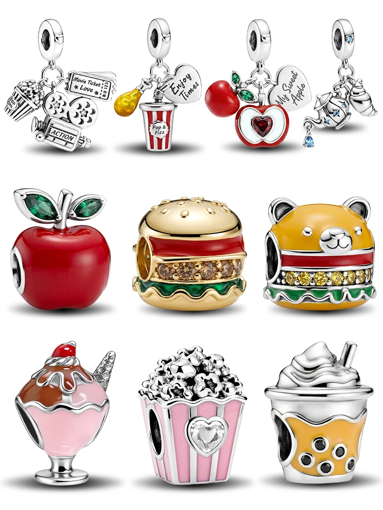 925 Silver Plated Croissant Ice Cream Burger Food Series Charm Pendant for Bracelets DIY Women's High Quality Jewelry