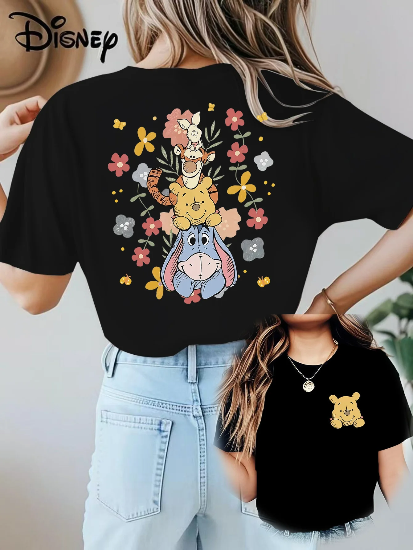 

Двусторонняя футболка с рисунком Винни-Пух, Пайетка, Ииа и Тигра. Женская с коротким рукавом, повседневная, удобная экипаж.