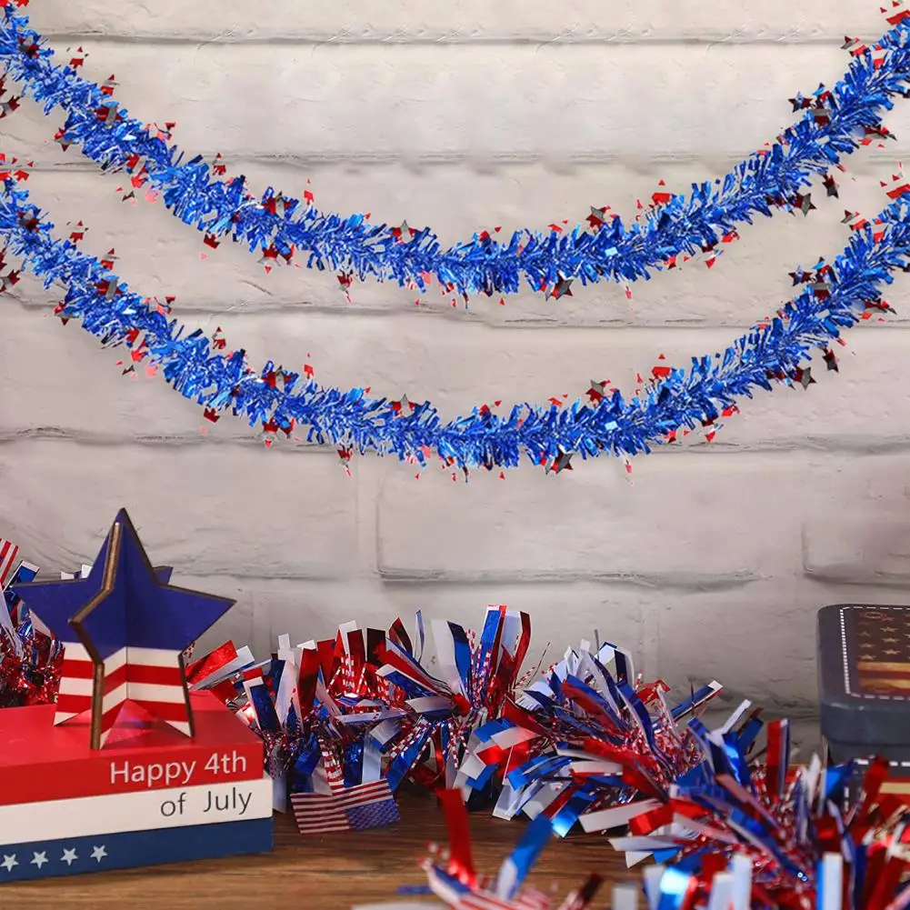 2 Meters Patriotic Tinsel Garland Red White Blue Metallic Wire Garland Stars Stripes Theme 4th Of July Memorial Day Color Bar