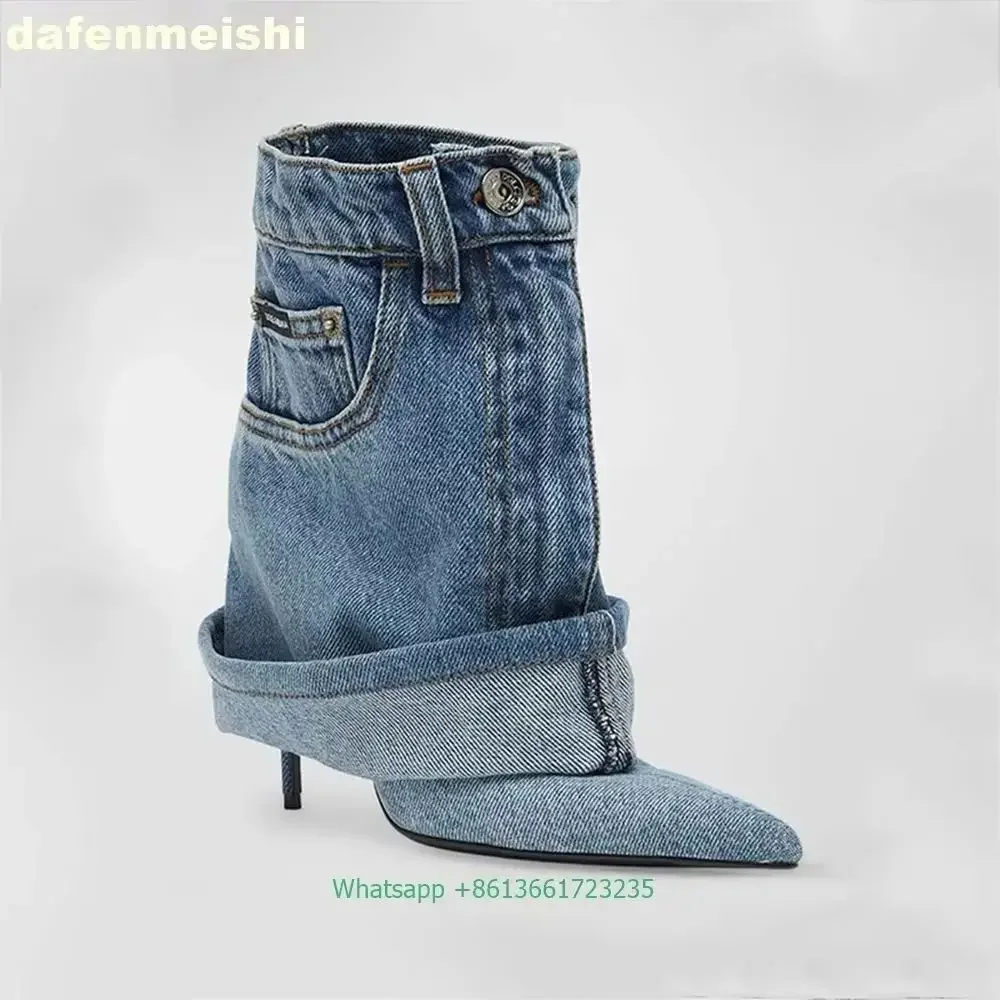

Джинсовые ботильоны, джинсовые фланцевые женские ботинки до середины икры на шпильке с острым носком, синие короткие брючные ботинки в стиле ретро, большой размер