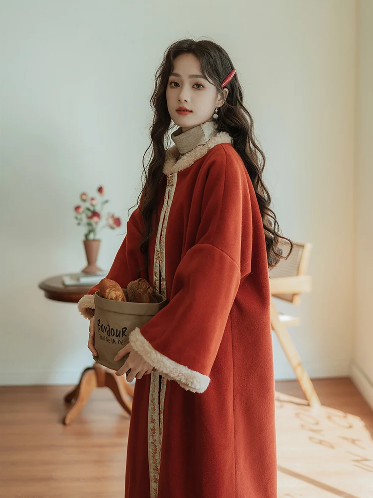 

Красное женское осенне-зимнее винтажное белое улучшающее красное шерстяное пальто свободного покроя, обычное све, длинное